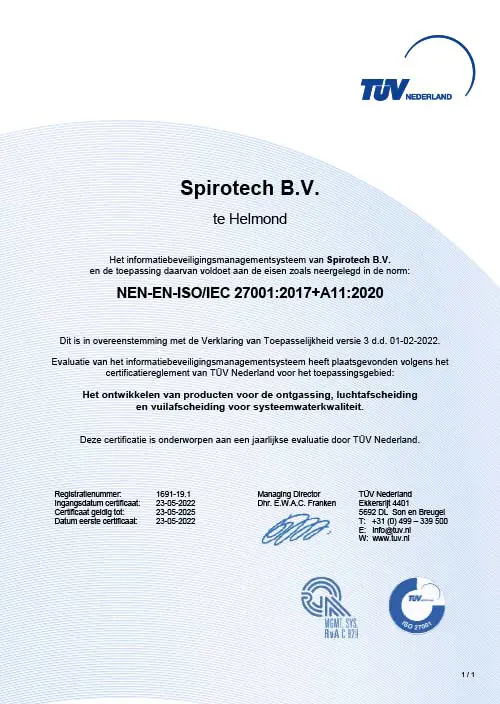 TUV Certificate ISO 27001 - Spirotech